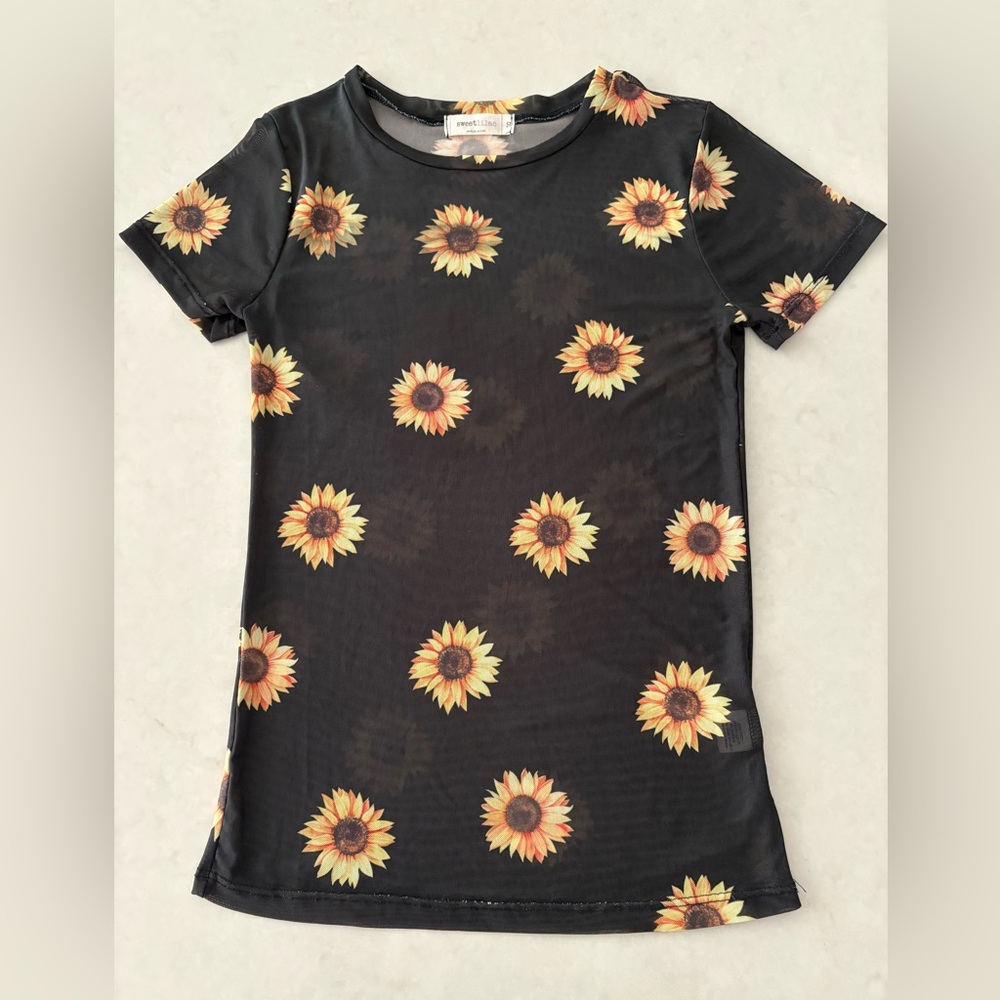 Sweet Lilac VTG Women’s Sunflower Blk Sheer Pullover Top New Short Sleeve, Small